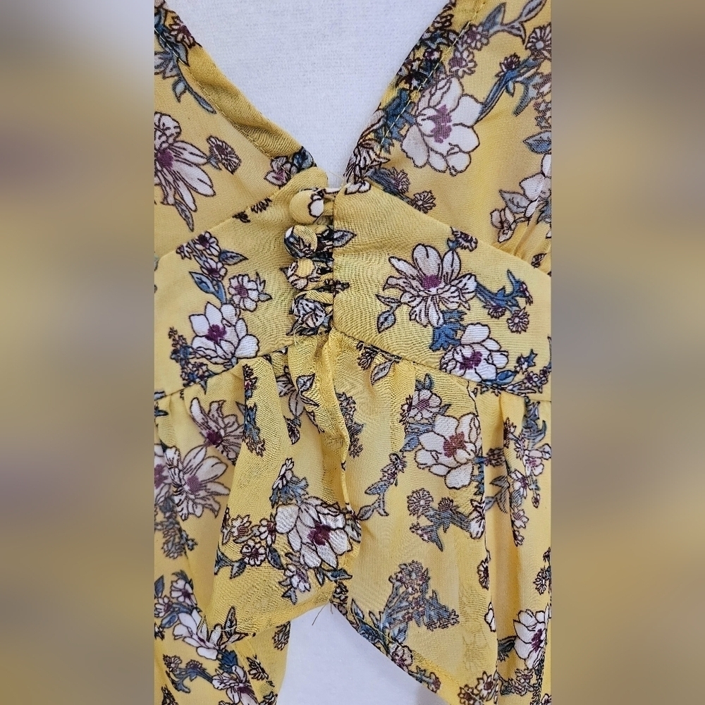 Meghan Los Angeles Yellow Floral High Low Duster Button Front Maxi Top. Med - Picture 8 of 16